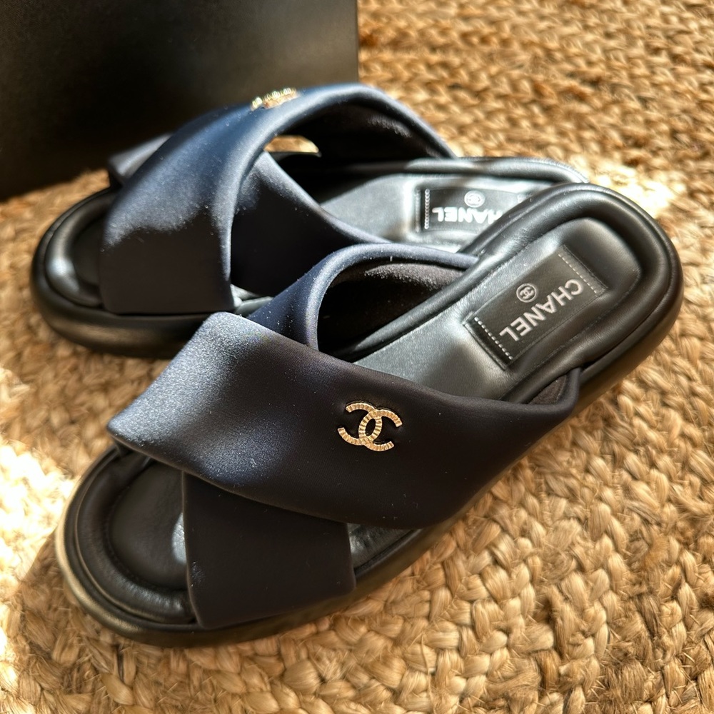 CHANEL platform wedges slides slippers mules nylon suede black size 39 EU